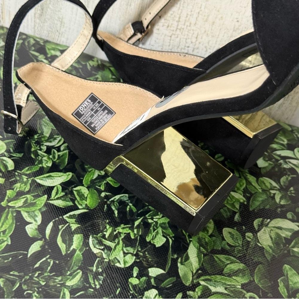 Jones New York Black Suede Heels with Ankle Strap with Gold Trim - Picture 11 of 13